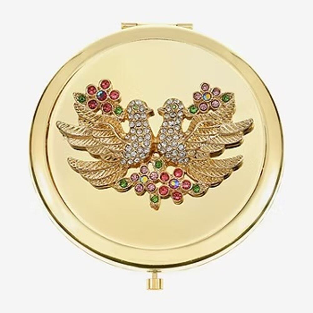 New MONET Compact Mirror Love Bird Dove Gold Tone Floral in Box Rhinestones - Picture 2 of 5